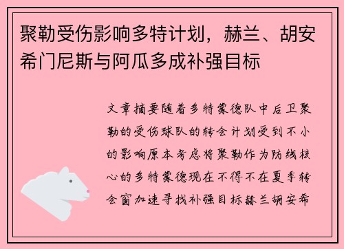 聚勒受伤影响多特计划，赫兰、胡安希门尼斯与阿瓜多成补强目标